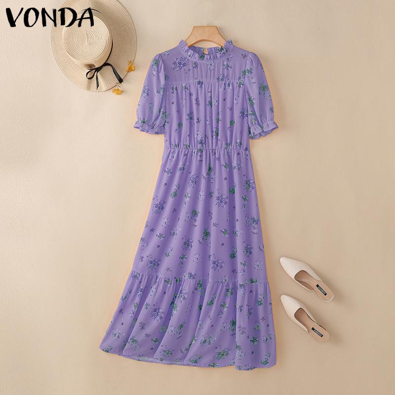 

VONDA Elegant Wome Puff Sleeves Floral Print Ruffled Layers Casual Long Pleated Dress 5XL