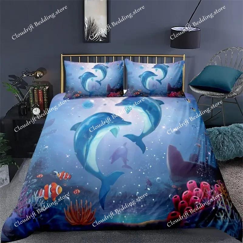 Set Biancheria da Letto Delfino dell'Oceano per Bambini Adulti Stile Boho a Tema Marino Copripiumino Microfibra Copripiumino Creature Marine Arredamento Camera da Letto