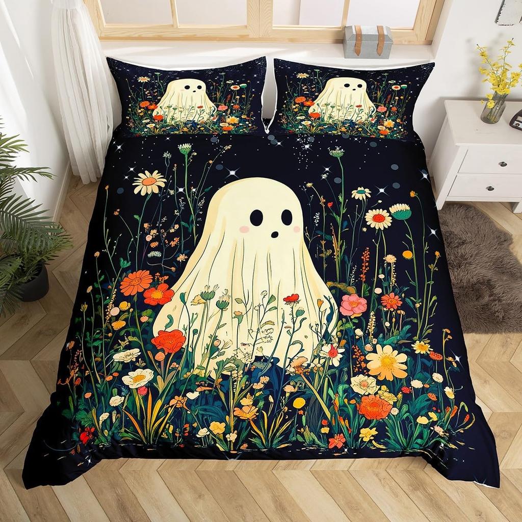 Cute Floral Ghost Duvet Cover Twin King For Boys Girls Room Decor Halloween Theme Bedding Set Boho Flower Print Comforter Cover
