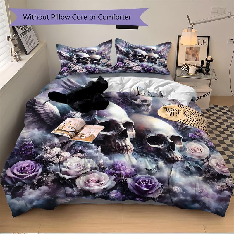 3pcs Skulls Angels and Roses Quilt Cover Set - Soft and Cozy Bedroom, Guest Room and Dorm Decorative Bedding 3-Piece Set 1 Quilt Cover + 2 Pillow