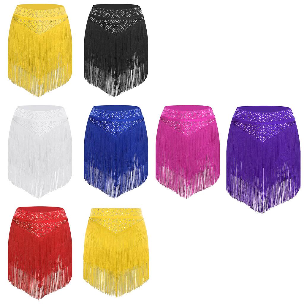 Salsa Latin Dance Performance Skirt for Women S-XXL - Elastic Waistband Tiered Tassels Competition Costume