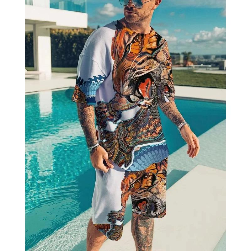 Roar Golden Lion Head Short Sleeve 2Pcs Set 3D Print Men Sweatshirt O-neck T-Shirt Set Men Oversized Tshirt Suit Men Clothes
