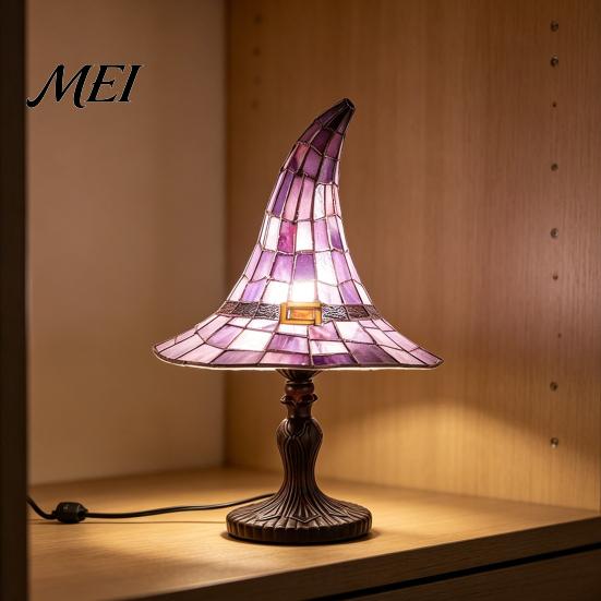 USB Powered Lamp Stained Glass Witch Hat Lamp, Resin Night Light, Gothic Dorm Room Light Halloween Table for Bedroom Bookshelf Mantel Party