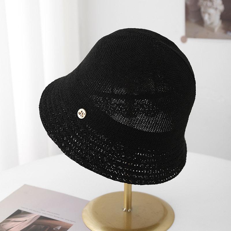 Chapeau seau en tricot ajouré pour femme Printemps Été Protection Solaire Avec Détail Métallique Léger Respirant Pour la Plage Nouveau noir