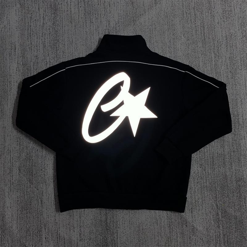 American Retro Reflective Corteiz Alcatraz Jacket with Stand Collar and Zippered Casual High Street Pants