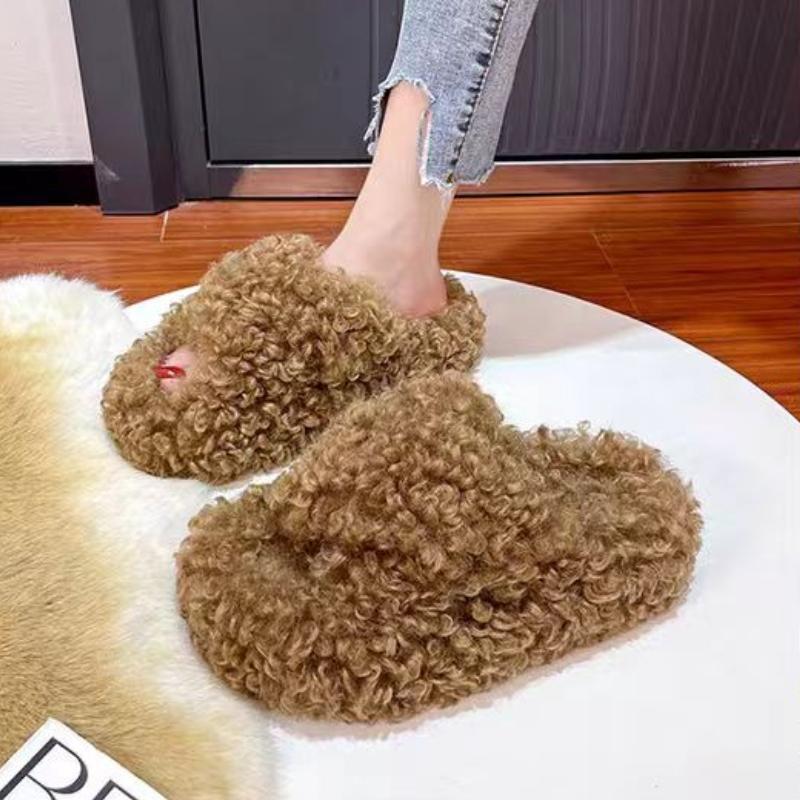 

Fashion Women Fur Slippers Casual New Suede Flats Shoes 2025 Fashion Winter Short Plush Cozy Flip Flops Open Toe Slides Woman Zapatos 35 хаки