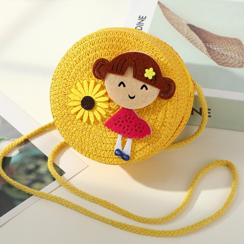 Creative Handmade Woven Straw Shoulder Bags Cute Lightweight Crossbody Bag Flower Beach Bag for Children