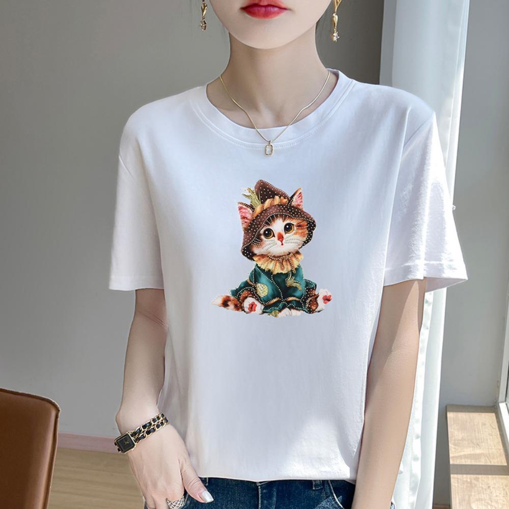 

Summer New Fashion Short-Sleeved Women s Rhinestone T-shirt The Long Cat Print Loose Top M