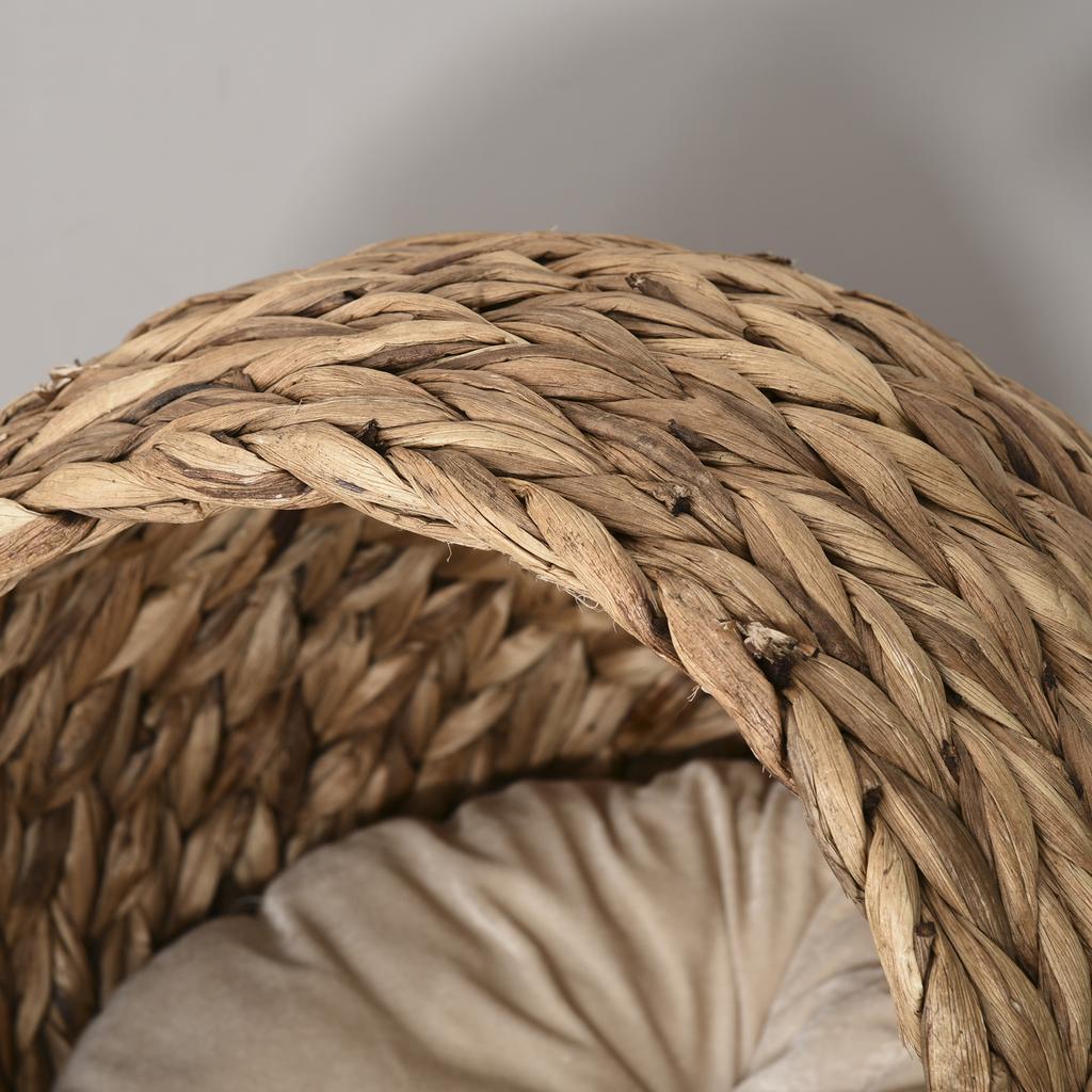 Wicker Cat Bed, Raised Rattan Cat Basket with Cylindrical Base, Soft Washable Cushion, 40 x 37 x 51 cm - Brown