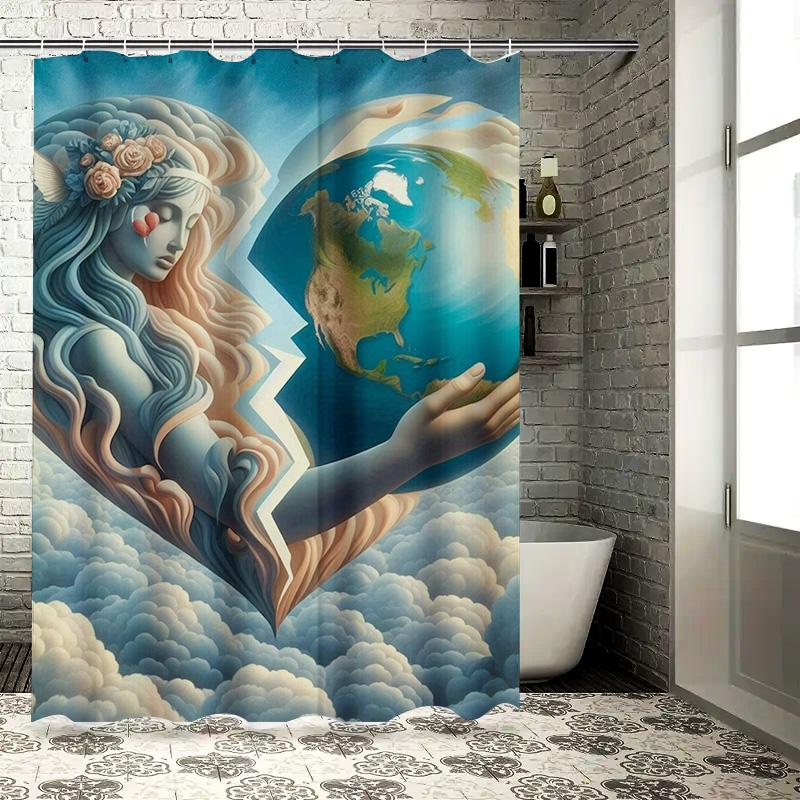 Heart-Shaped Woman and Earth Shower Curtain - Waterproof, Mildew-Resistant, Machine Washable for Unique Bathroom Art