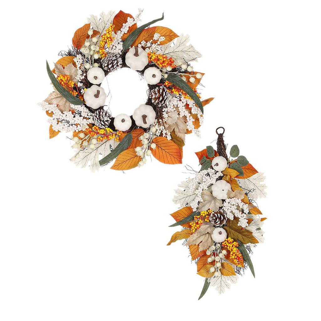 Fall Wreath Front Door Decor Autumn Harvest Wreath with Pumpkin Berry Maples Leaf for Thanksgiving Outdoor Indoor