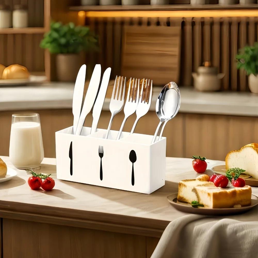 Compartment Plastic Utensil Storage Box - Large, Durable Tableware Organizer for Forks, Knives, Spoons, Napkins Utensil Holder