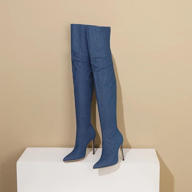 Winter Women Denim Over the Knee Boots Black Jeans High Thin Heel Pointed Toe Sexy Party Dress Lady Back Zipper Thigh High Boots