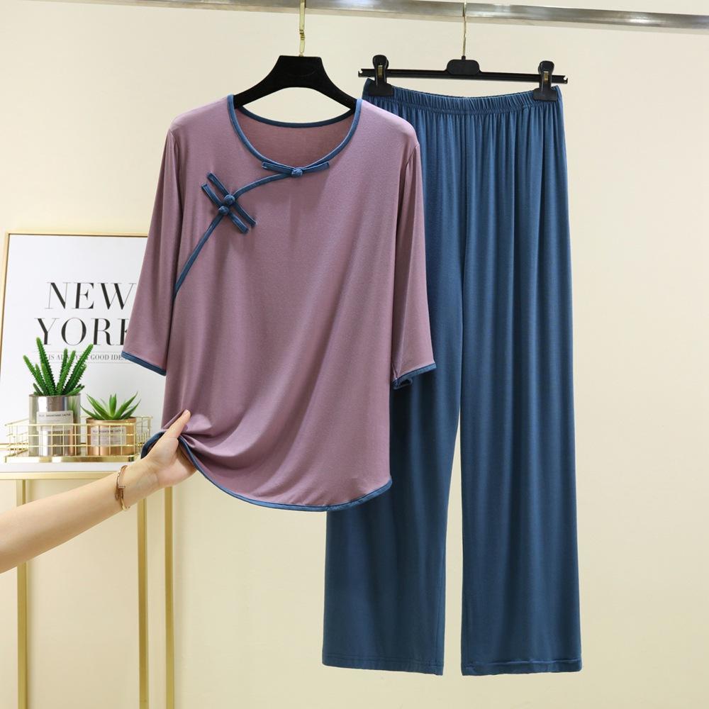 Pigiama con Fibbia Donna Primavera Estate Vestibilità Larga Taglie Forti Pantaloni Abbigliamento per la Casa Set Due Pezzi Capo Esterno