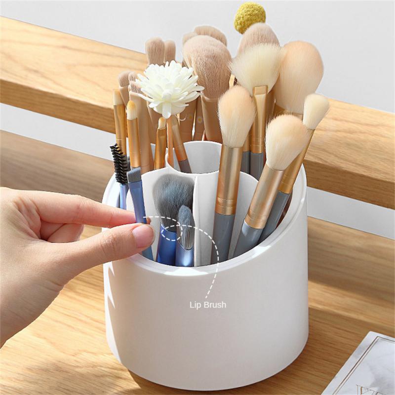 Desktop Makeup Brush Storage Bucket Cup Holder With Lid Rotating Makeup Lipstick Cosmetic Storage Box Organizer Tube Transparent