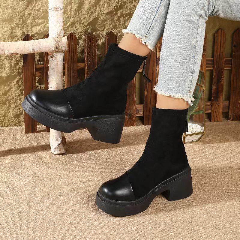 New Women'S Platform Boots For Petite- Chunky Heel Ankle Boots With Rear Zipper , Retro Style Fall/Winter Booties