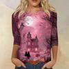 Women's Casual Three Quarter Sleeve Halloween Print Crew Neck Top Lightweight Comfortable Fit Seasonal Graphic Shirt for Everyday Wear