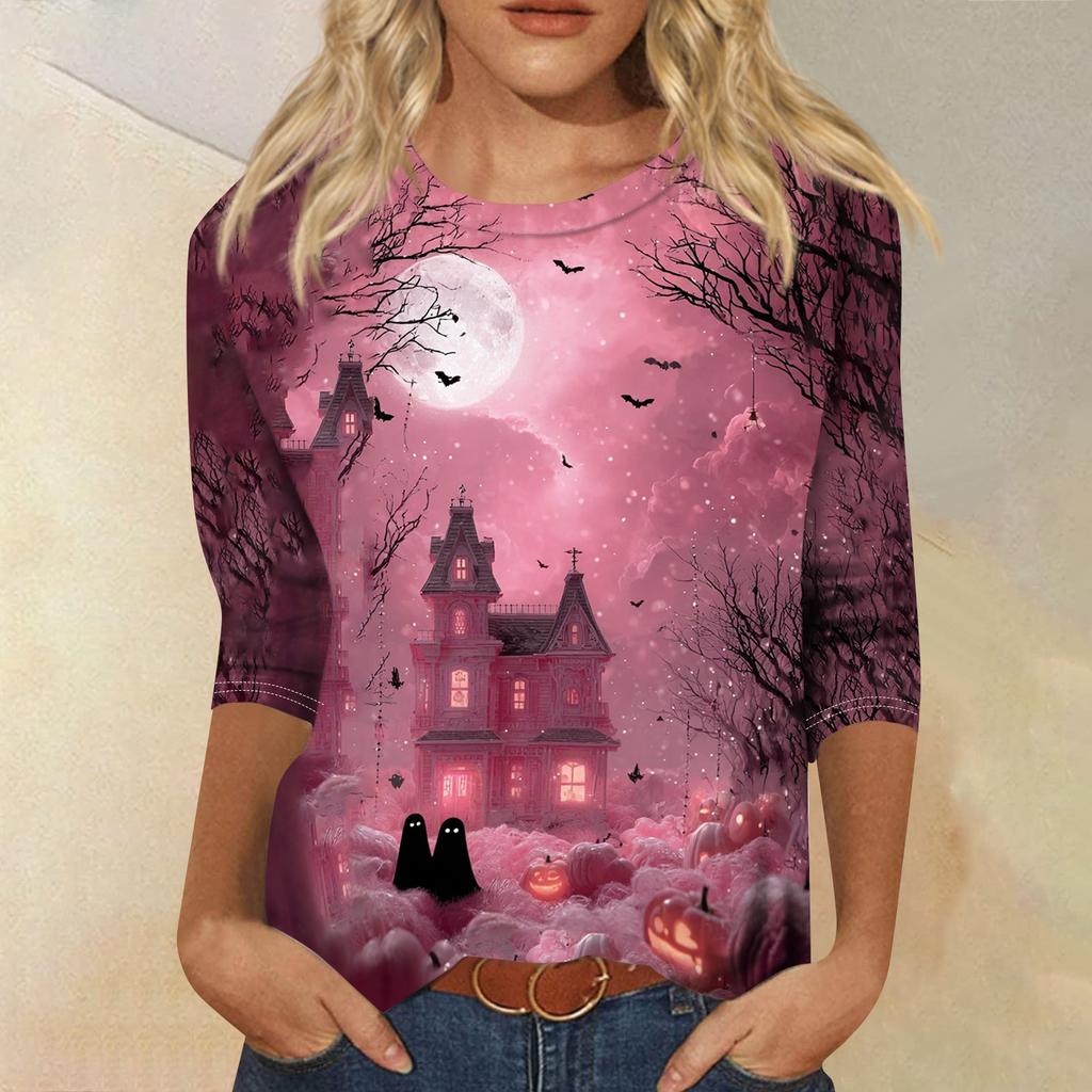 Women's Casual Three Quarter Sleeve Halloween Print Crew Neck Top Lightweight Comfortable Fit Seasonal Graphic Shirt for Everyday Wear