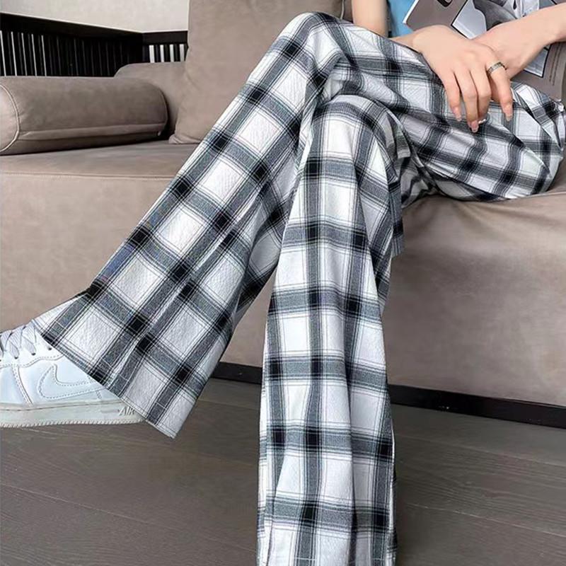 Women's High-Waist Plaid Wide-Leg Drape Pants - Black/White