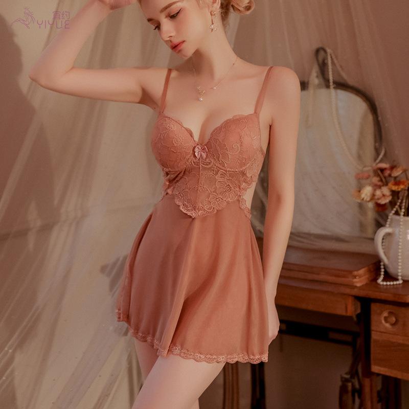 Erotic Underwear, Sexy Halter Lace Seductive Nightdress, Hot Steel Ring Gathering, Cherry-padded Pajamas for Women 8581