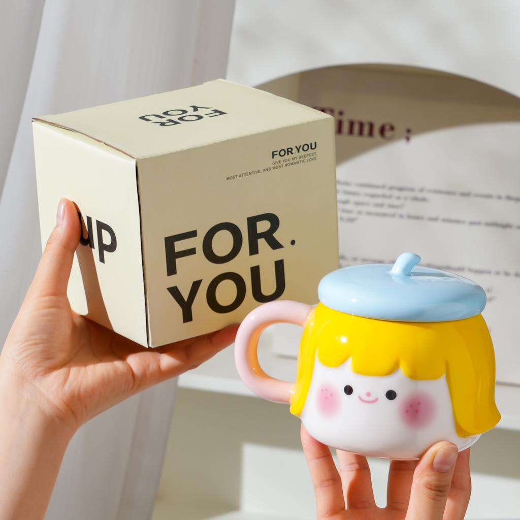 Cute Girl Ceramic Cup High Looking Mug Birthday Gift Souvenir Creative Cup with Lid Coffee Cup