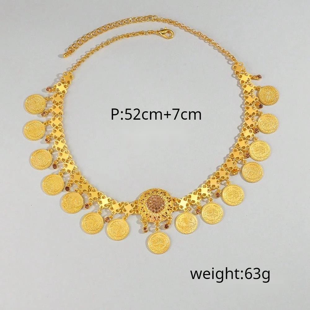 Indische Braut-Kopfkette Goldfarbene Legierung Strass Kristall Blume Münze Quaste Stirnband Kopfschmuck Damen Hochzeitsaccessoires