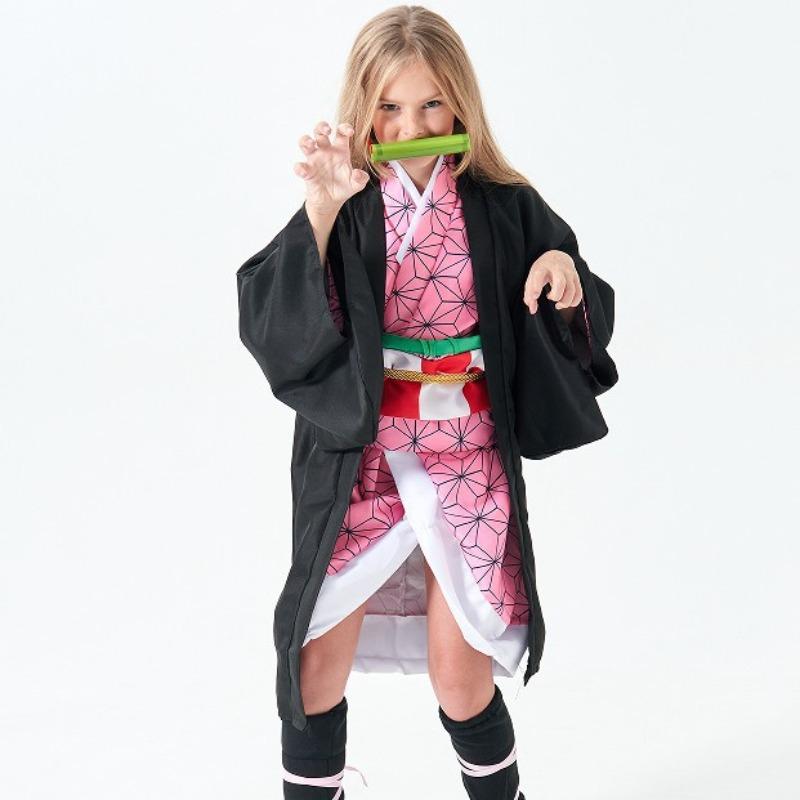 Kids Kimetsu No Yaiba Halloween Cosplay Costume Girls Kamado Nezuko Role Playing Dress Up Outfit