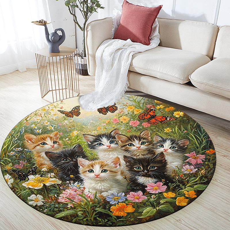 Kittens in Flowers Round Area Rug,Carpet Rug for Living Room Bedroom Sofa Playroom Decor,Non-slip Floor Mat