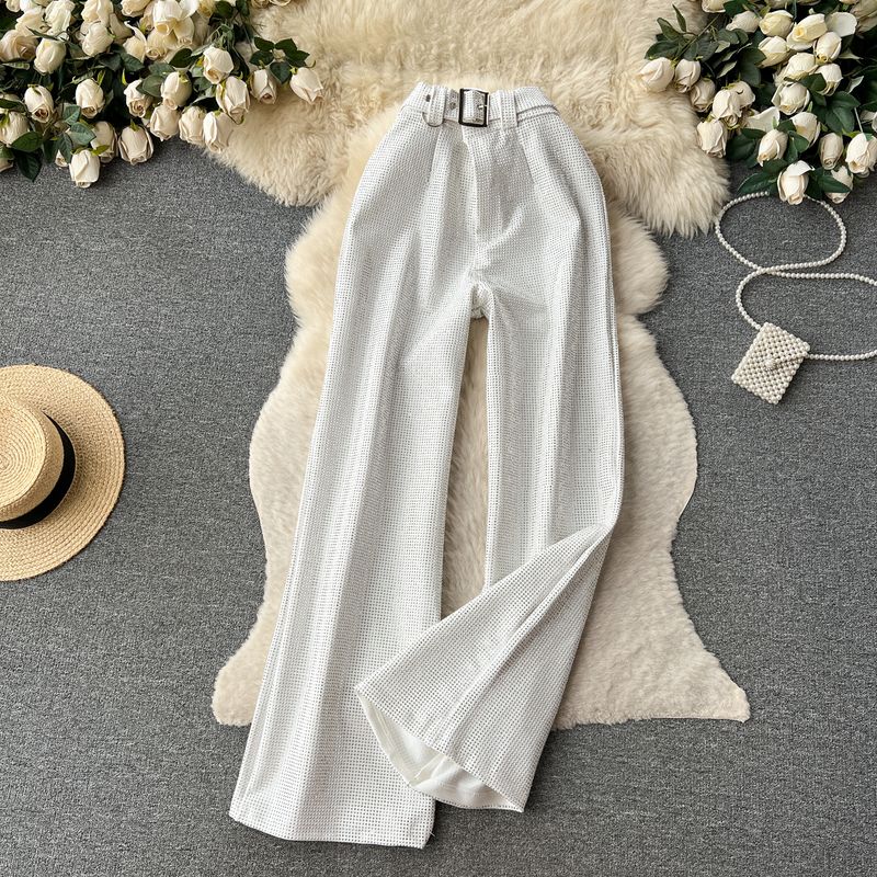 

Retro Shiny Bootcut Pants Casual Drape Hot Drilling White S