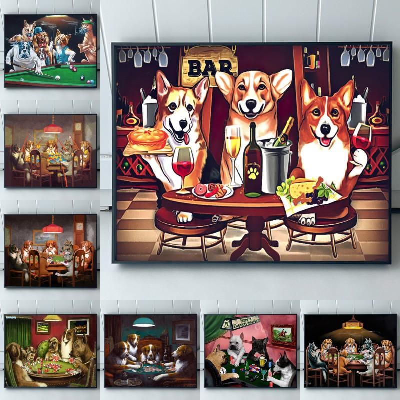 

Забавные собаки корги, мопс, игра в покер, курение, питье, плакат, холст, картина, милые животные, настенное искусство для гостиной, домашний декор для бара