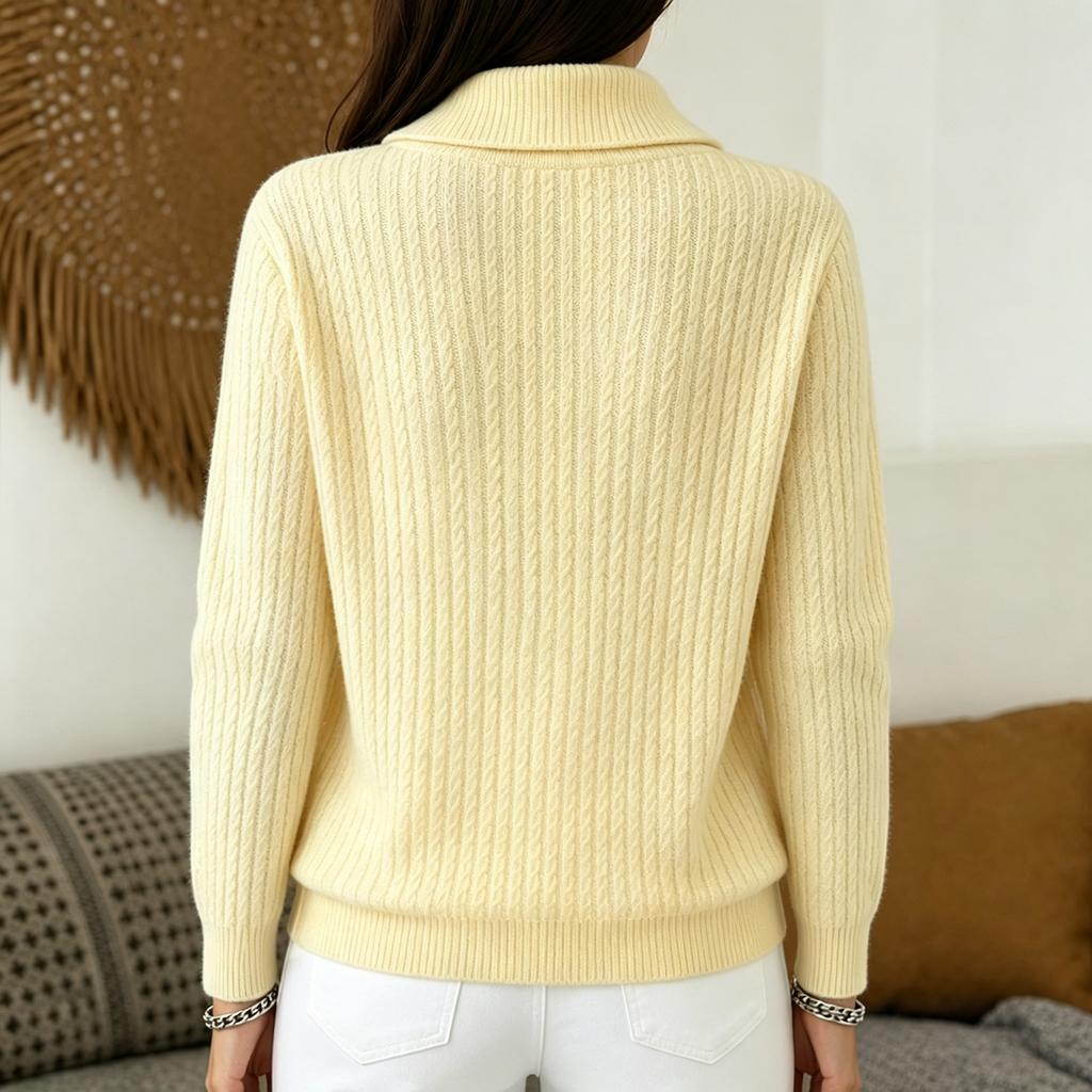 Women's Color Knit Button Sweater with Cable Knit Collar for Casual Wear
