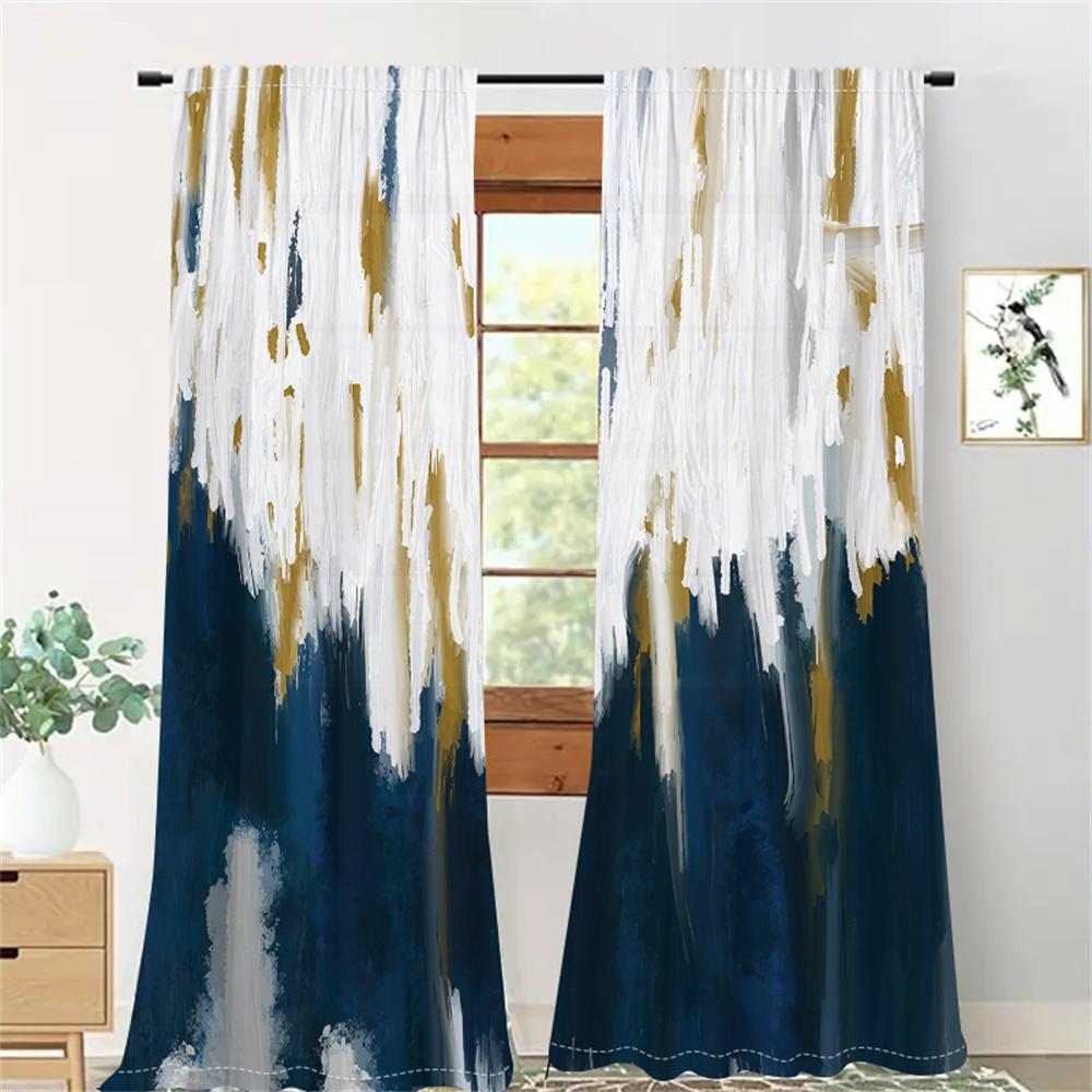 2Pcs Artist Brushstroke Curtains Blue White Gold Abstract Pattern Living Room Bedroom Kids Room Sunshade Modern Art Decor