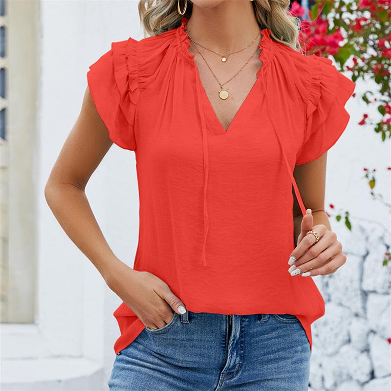 Frühling Sommer Einfarbig Krawatte V-Ausschnitt Plissee Bluse Casual Bandage Rüschen Kurzarm Damen Top