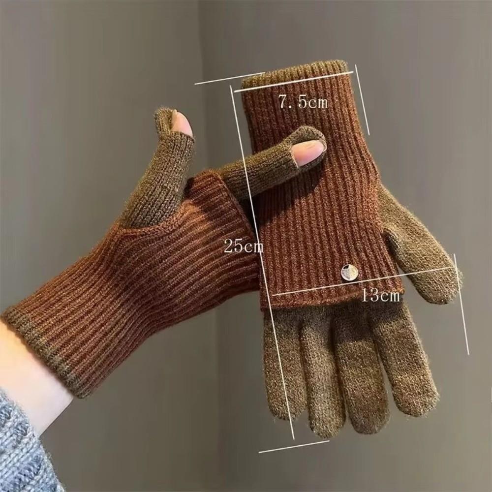 Patchwork Design Knit Gloves Maillard Earth Tone Open Finger Gloves for Students