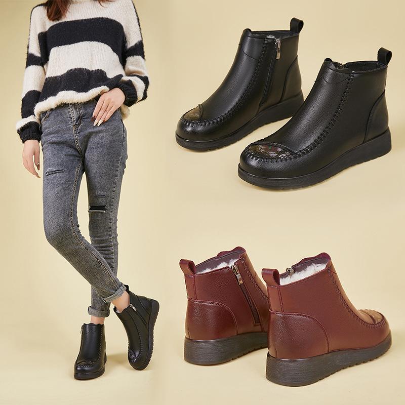 Winterstiefel Echtes Leder Damen Flats Rutschfest Warm Flache Absätze Stiefeletten Mutter Wasserdicht Rutschfeste Stiefeletten