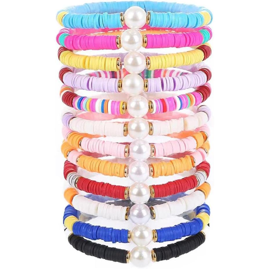 12pcs Friendship Bracelets Beaded Bracelets Heishi Bracelet Cute Bracelets Stack Vinyl Clay Disc Bead Surfer Stretch Summer Beach Bracelets For Women