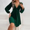 Vestido de Terciopelo Línea A Otoño/Invierno 2024: Sexy cuello en V, ceñido a la cintura, ropa de fiesta de manga larga para mujer