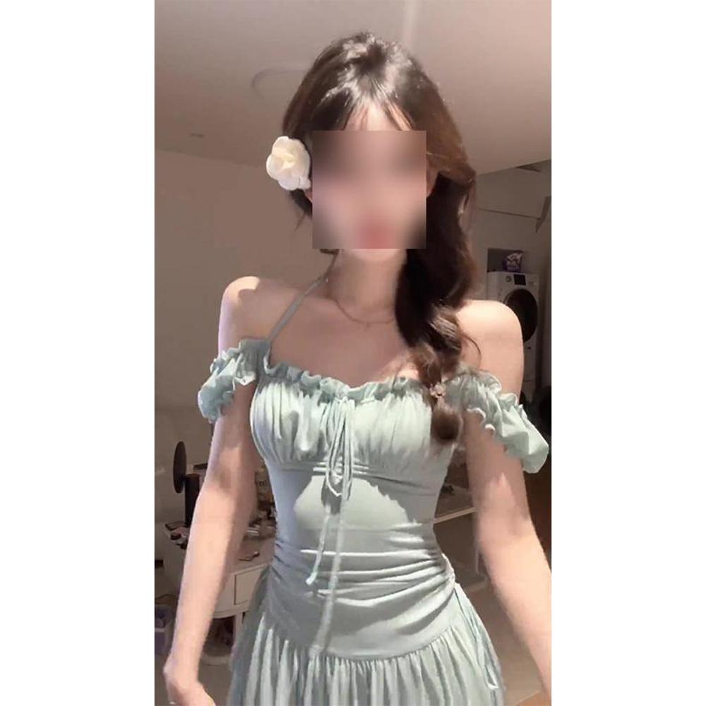 

Платье-топ с открытыми плечами и вырезом на шее, женское летнее платье в стиле морского отдыха, юбка с завышенной талией, супер фея, А-силуэт, длинное платье XL- (recommended 110-60kg)