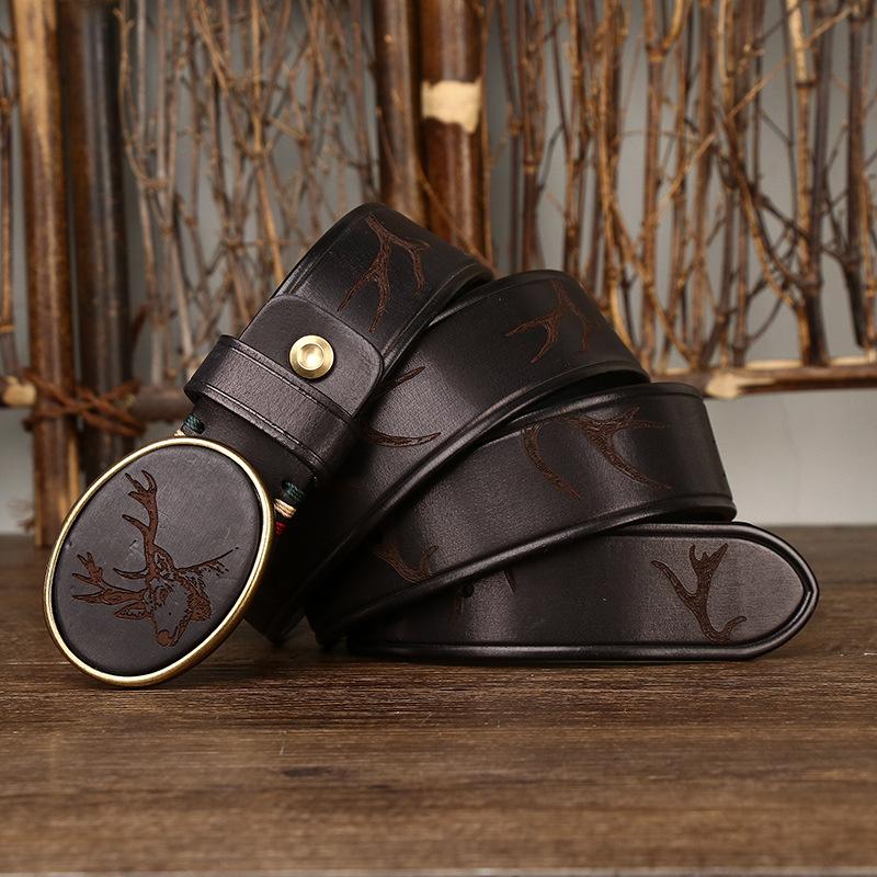 New Retro Laser Engraved Pattern Trend Smooth Buckle Belt Men S Genuine Leather First Layer Cowhide Board Buckle Belt Men S 100cm