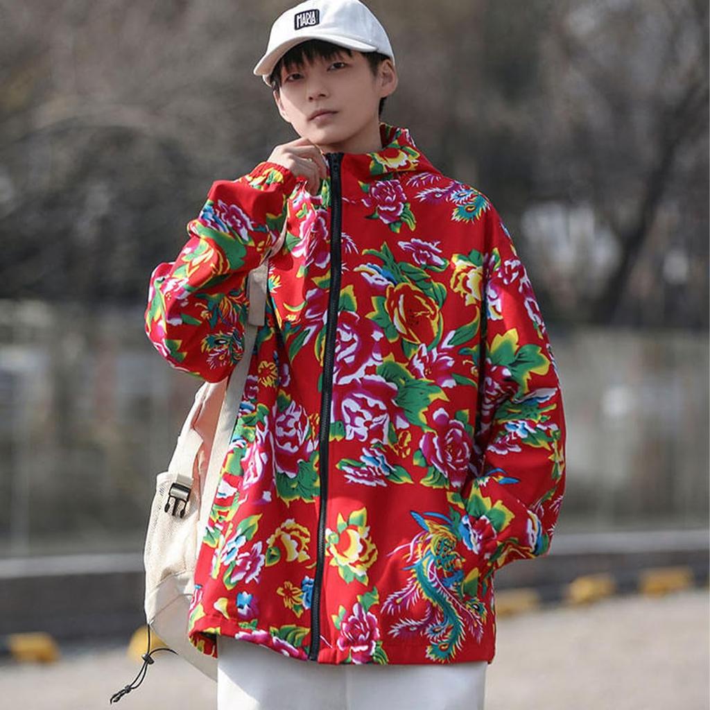 Rosesky Long with a Bright Floral Zipper Windproof and Chinese Street Available in Two Plus Sizes Men's Hoodie, Sleeve, Print, closure, Unisex,