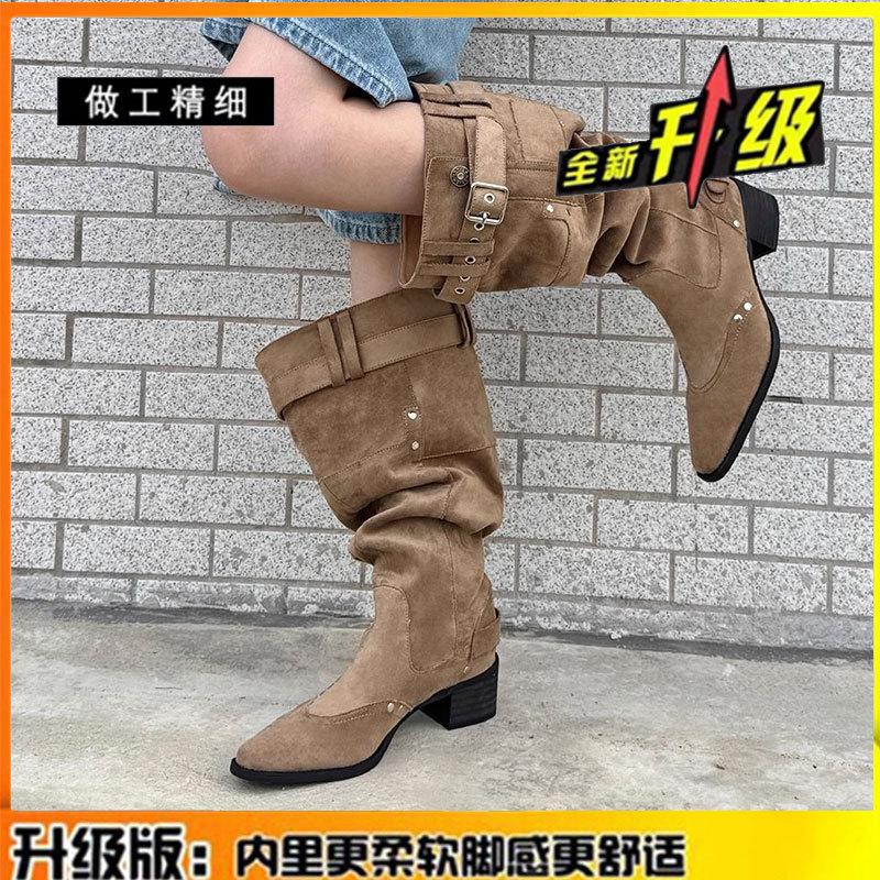 Cowhide version of long boots for women but over the knee autumn and winter new thick heel thin pointed belt buckle pleated pile boots