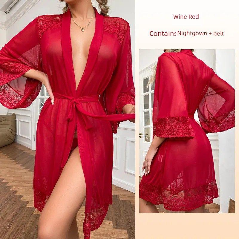

2025 Fashion Style Sexy Mesh Nightgown/See-through Bathrobe/Deep V Temptation Shoelace Bridal Gown/Can Be Outwear Burgundy L