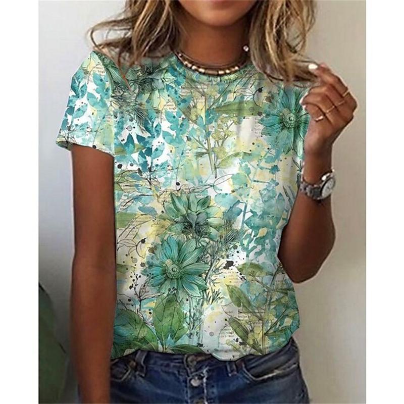 

Fashion Artistic Flower Pattern T-shirt Women Summer Leisure Y2k Graphic Tee Female Casual Elegant Short-sleeved O-neck Tee Tops S