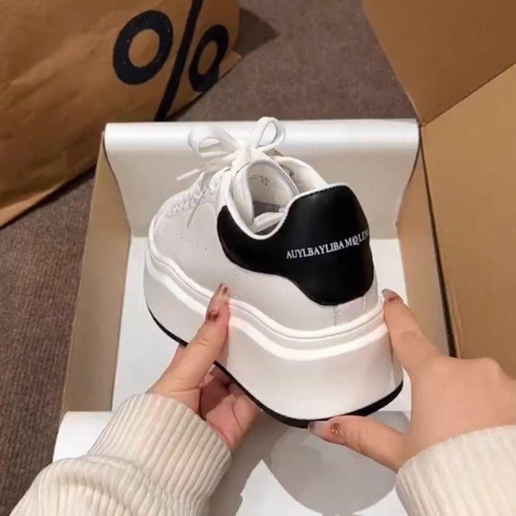 2024 spring new small thick-soled heightening board shoes muffin sole versatile McQueen shoes fashionable casual little white shoes