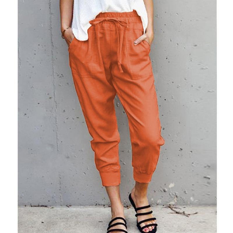 Summer Women Loose Plus Size Solid Color Simple Lace Up Slim Casual Nine Point Slimming Trousers