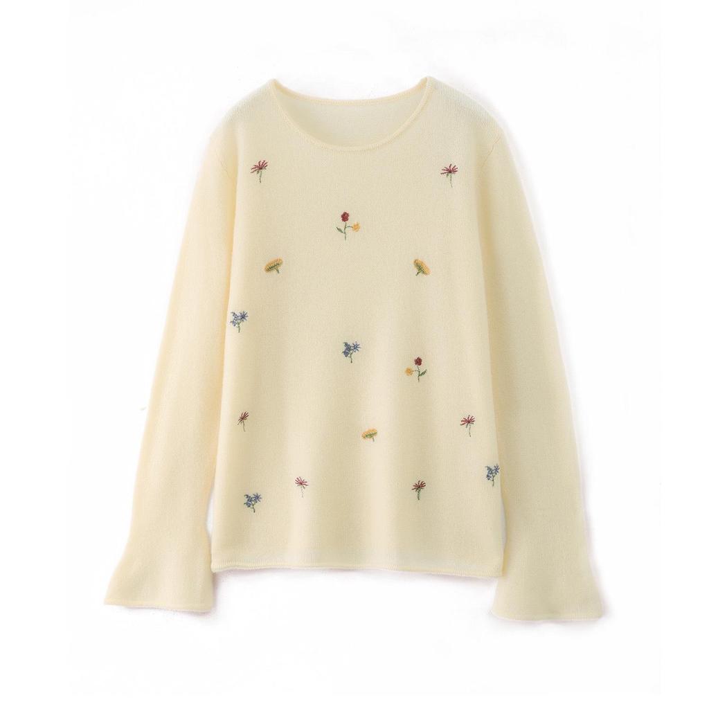 Women's Autumn Winter White Wool Sweater with Colorful Floral Embroidery - Loose Fit, Slimming, Round Neck Knitwear
