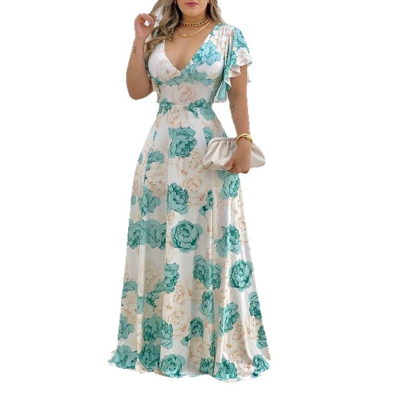 Summer new European, American, fashion temperament party printed V-neck waist slim-fitting long dress