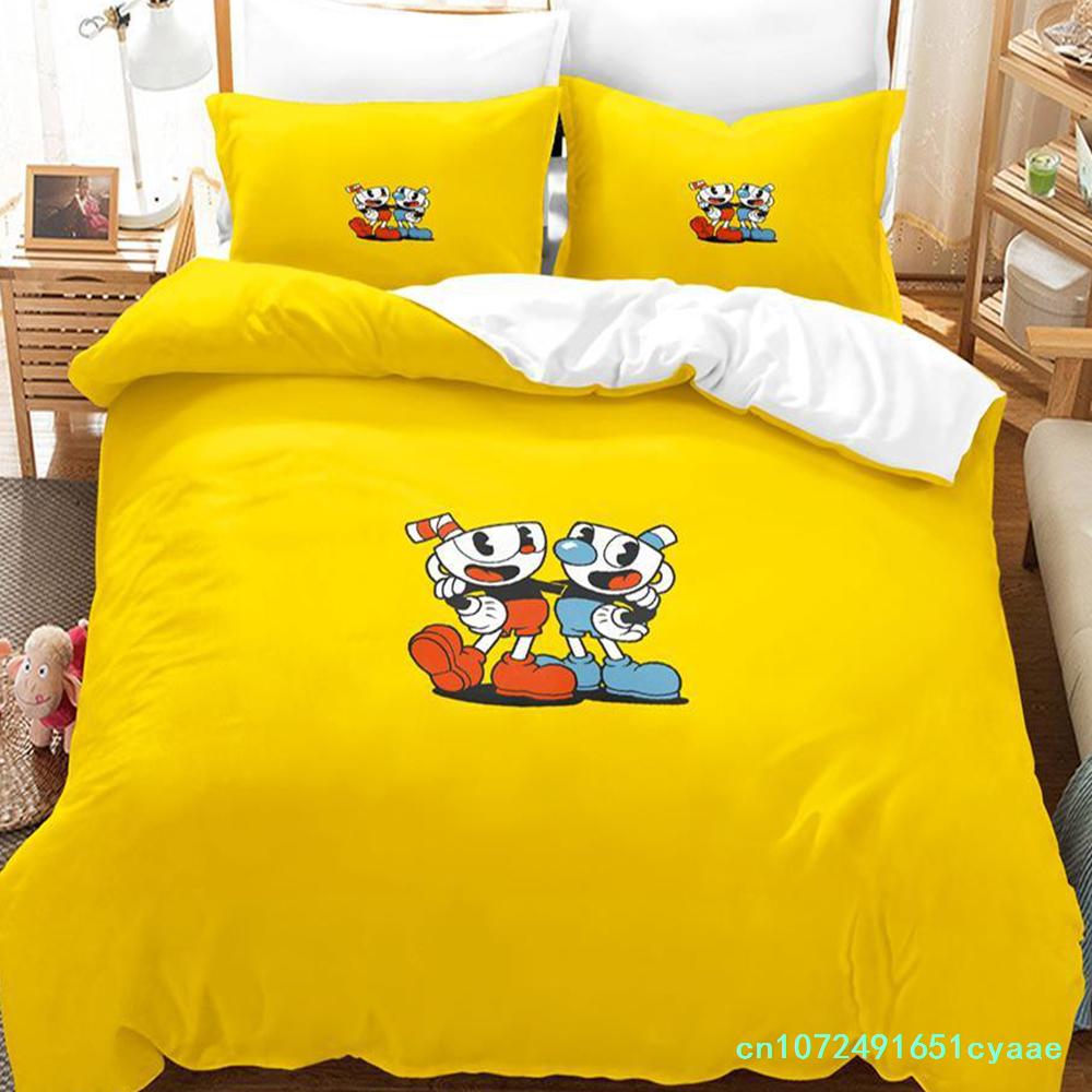 2023 Kawaii Cuphead Mugman Bettwäsche-Set Einzelbett Doppelbett Vollgröße Queen Size King Size Bettwäsche-Sets für Erwachsene Kinder Schlafzimmer Bettbezüge Anime Spiel Bett