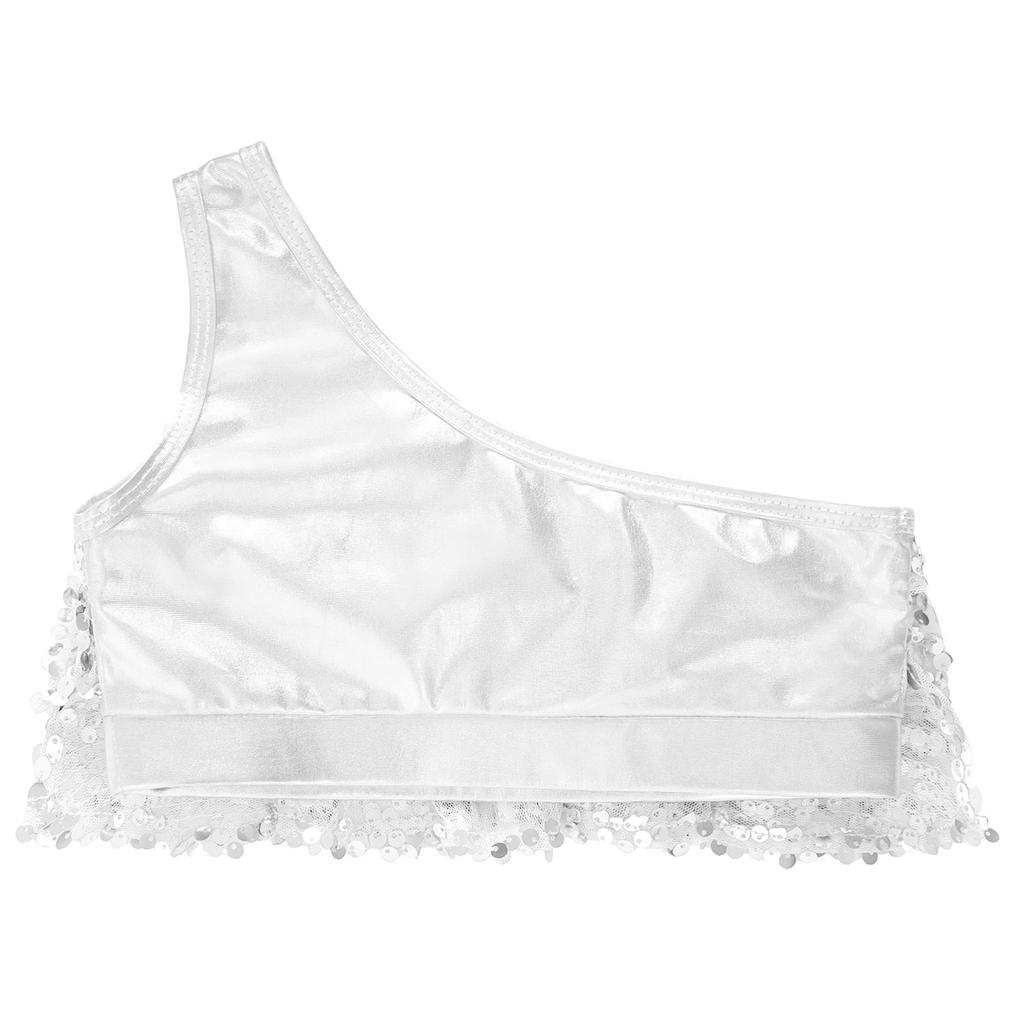 Mädchen Performance Weste Ärmelloses Crop Top Glänzende Pailletten Stufenrüschen Design Metallic Ein-Schulter-Top