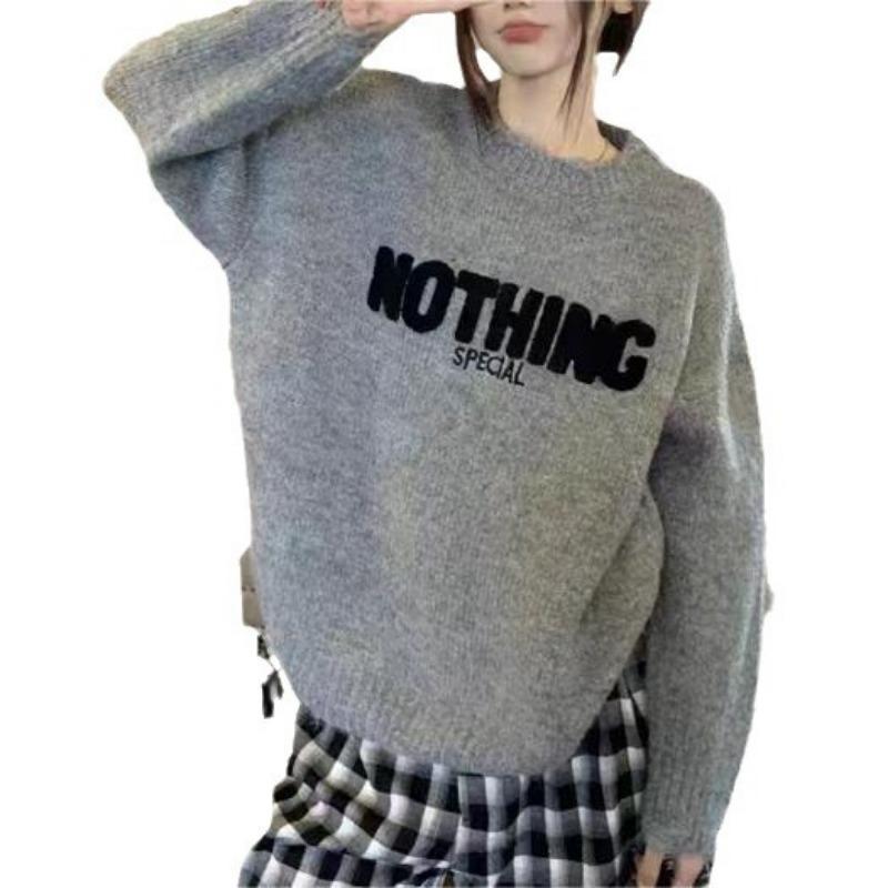 Lazy high-end sweater women's autumn and winter new loose fashion crew neck letter knitted sweater